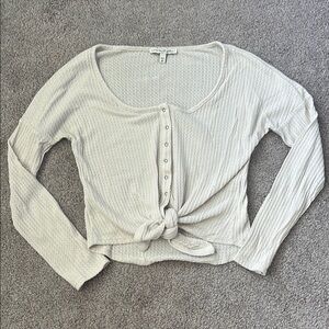 Express Cream Waffled Tie Front Long Sleeve Top